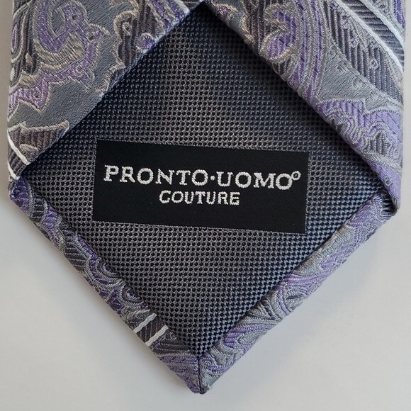 PRONTO UOMO COUTURE PURPLE GRAY SILK PAISLEY EXTRA LONG TIE 3.25 BY 63"  LONG - Picture 6 of 9